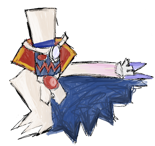 Sketch of an abstract humanoid crature with a monacle, white tophat and a huge spread out cape with a blue inside.